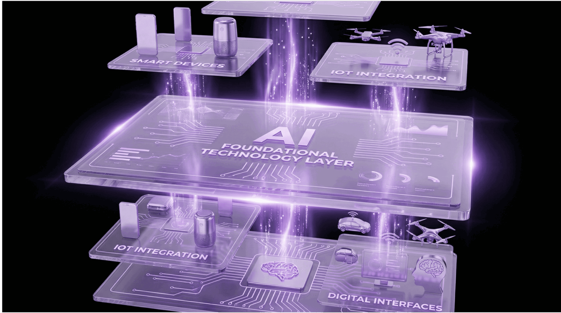 Stacked holographic technology layers showing smart devices, IoT integration, and AI foundational infrastructure glowing in purple