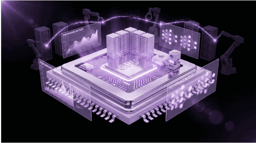 Powerful GPU chip platform with server racks, robotic arms, and performance metrics holographic displays in purple lighting