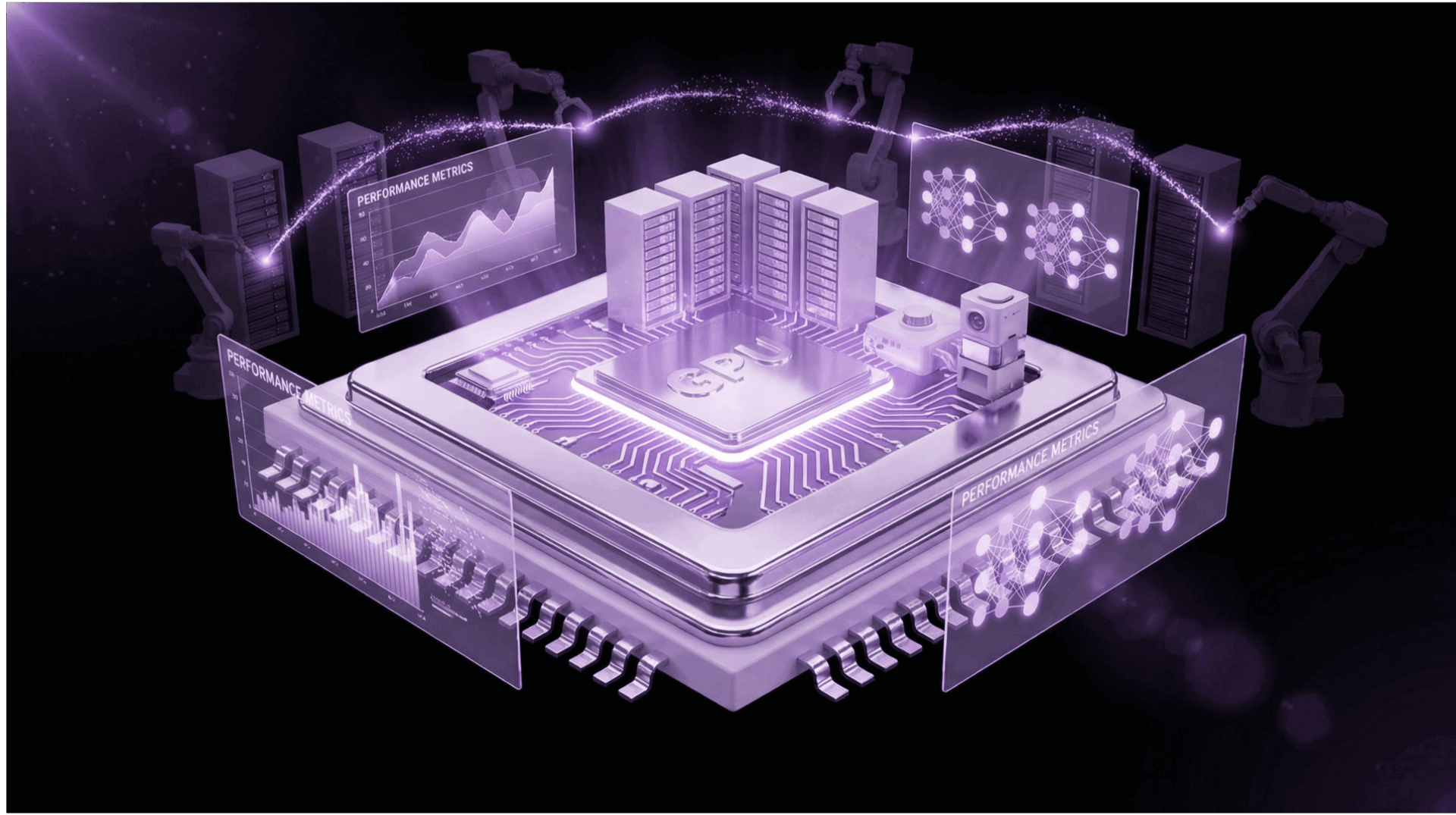 Powerful GPU chip platform with server racks, robotic arms, and performance metrics holographic displays in purple lighting