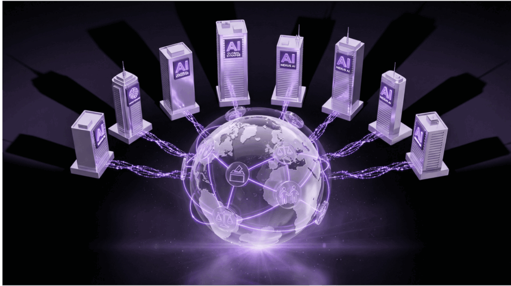 Corporate AI skyscrapers surrounding a digital globe with democratic symbols including voting icons and scales of justice