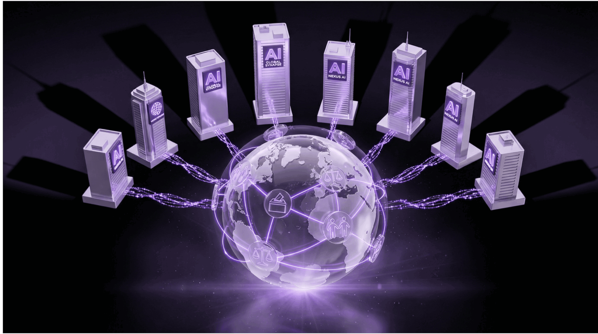 Corporate AI skyscrapers surrounding a digital globe with democratic symbols including voting icons and scales of justice