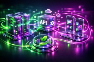 Abstract 3D illustration of cloud servers, APIs, and mobile apps connected by glowing green, purple, and fuchsia data lines, representing efficient digital infrastructure.