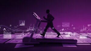 Silhouette of a professional running on a treadmill that is rolling over and surrounded by spreadsheets and complex digital data streams, symbolizing the "Copy-Paste Treadmill" of manual work.