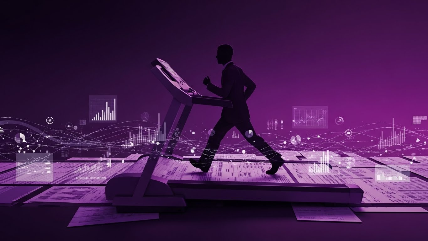 Silhouette of a professional running on a treadmill that is rolling over and surrounded by spreadsheets and complex digital data streams, symbolizing the "Copy-Paste Treadmill" of manual work.