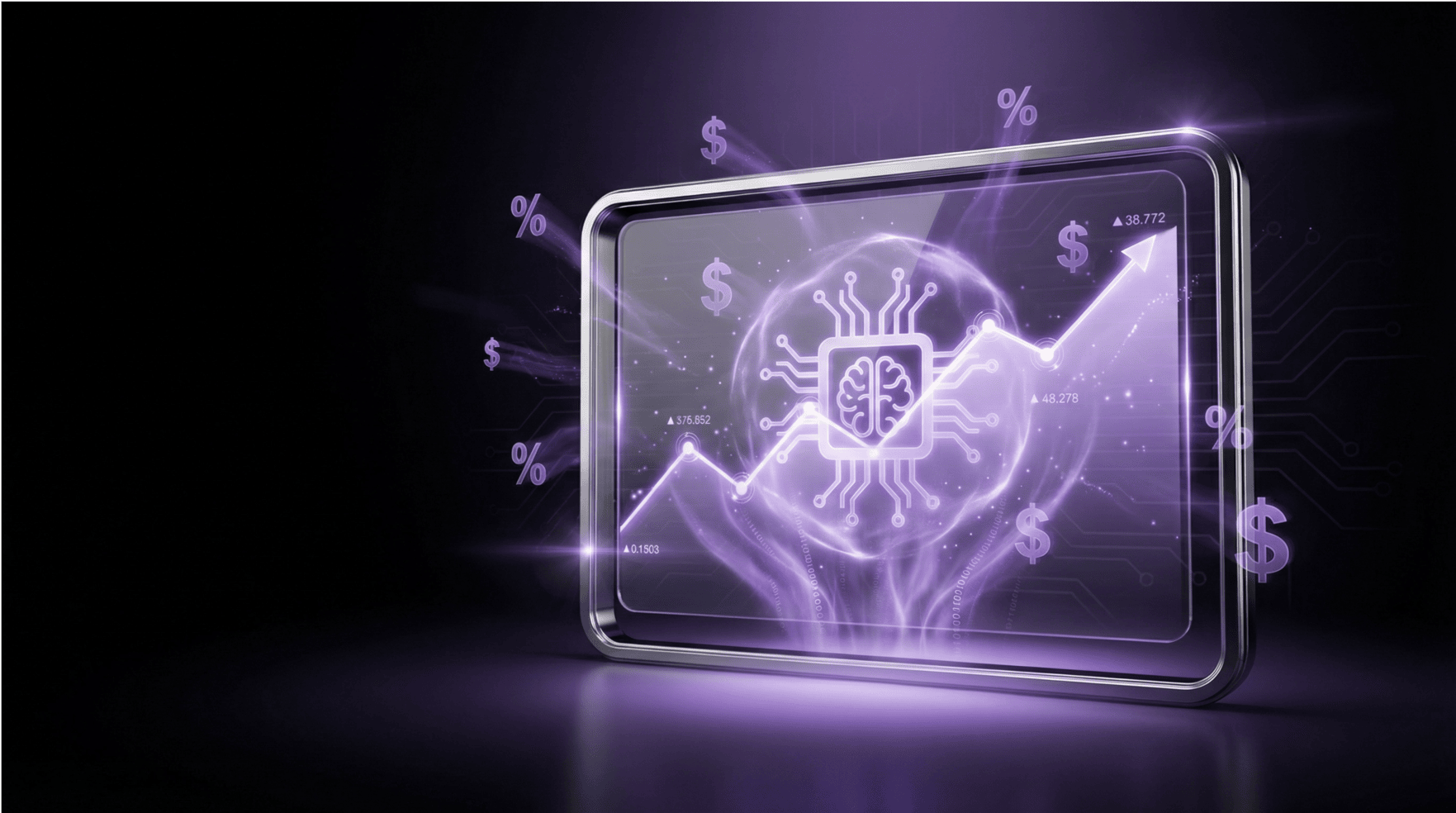 A glowing purple digital tablet displaying a rising line graph, a neural network brain icon, and floating currency and percentage symbols against a dark background.