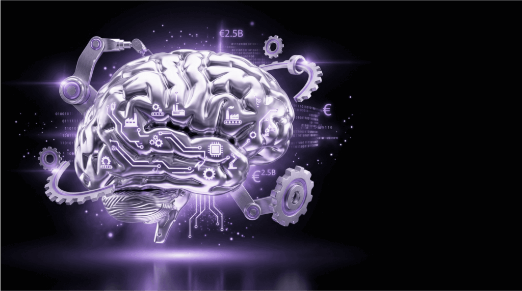 Futuristic chrome brain with circuit board patterns, industrial gears, and robotic arms against a black background with purple glow, displaying €2.5B and binary code representing Bosch's AI investment in manufacturing and edge computing.