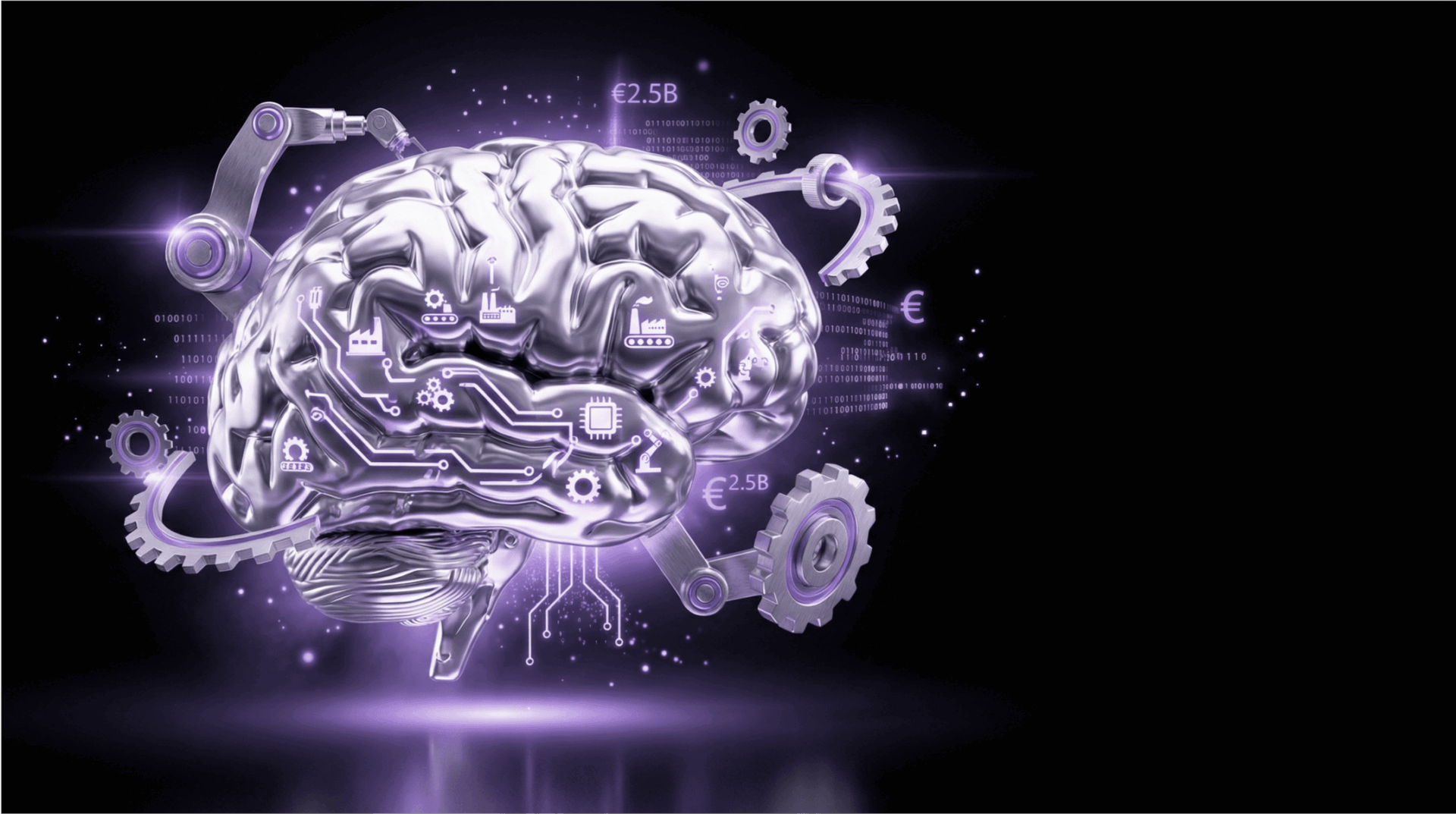 Futuristic chrome brain with circuit board patterns, industrial gears, and robotic arms against a black background with purple glow, displaying €2.5B and binary code representing Bosch's AI investment in manufacturing and edge computing.