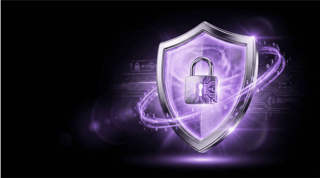Cybersecurity concept illustration featuring a metallic shield and lock with digital data streams, representing data privacy and information security.