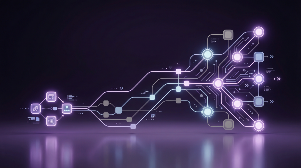 Abstract illustration of an AI network with glowing nodes and connecting pathways, symbolizing data processing, automation, and intelligent systems.
