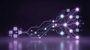 Abstract illustration of an AI network with glowing nodes and connecting pathways, symbolizing data processing, automation, and intelligent systems.