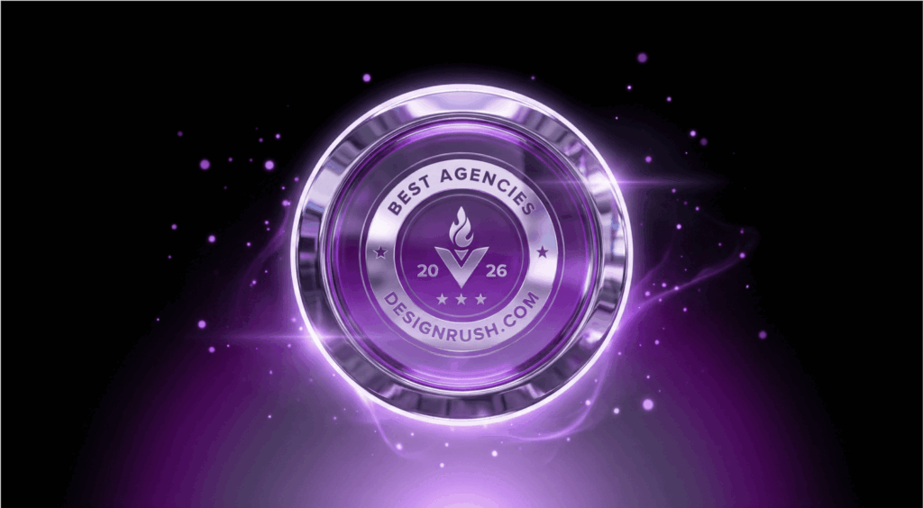 A high-end 3D metallic and glass seal containing the DesignRush "Best Agencies 2026" badge, floating in a glowing purple nebula with light flares.