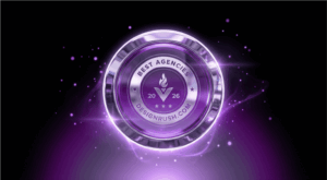 A high-end 3D metallic and glass seal containing the DesignRush "Best Agencies 2026" badge, floating in a glowing purple nebula with light flares.
