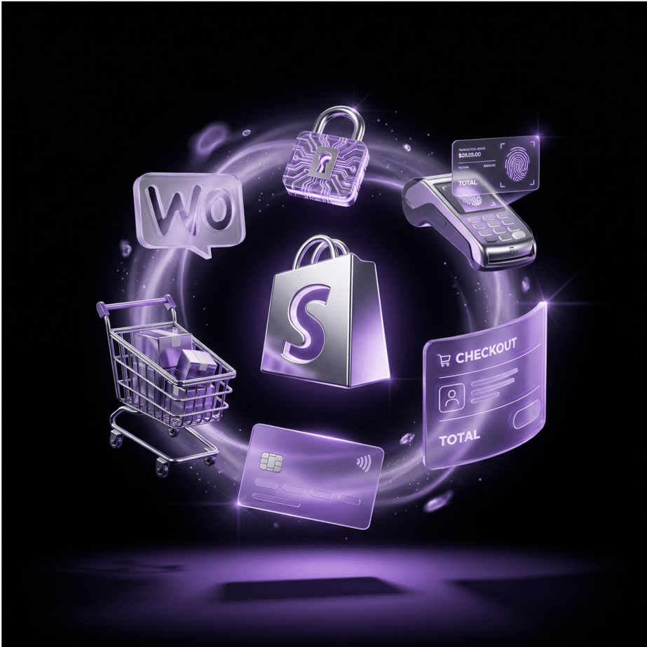 A metallic silver Shopify bag icon surrounded by floating e-commerce elements including a WooCommerce logo, a shopping cart with boxes, a credit card, a checkout screen, a POS terminal, and a secure padlock.