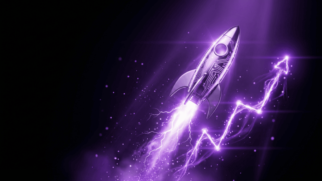 A metallic silver rocket ship with internal circuit patterns launching upward, following a glowing neon purple growth arrow on a black background.
