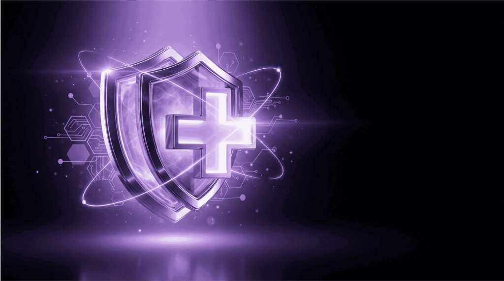 A glowing purple double-shield with a central medical cross icon, orbited by digital data rings and hexagonal circuit patterns on a black background.