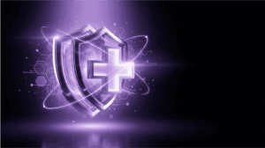 A glowing purple double-shield with a central medical cross icon, orbited by digital data rings and hexagonal circuit patterns on a black background.