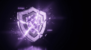 A fractured digital shield with circuit board patterns cracking apart under intense purple energy, symbolizing the hidden risks and governance failures of rushed enterprise AI adoption, set against a dark background with dramatic purple glow effects.