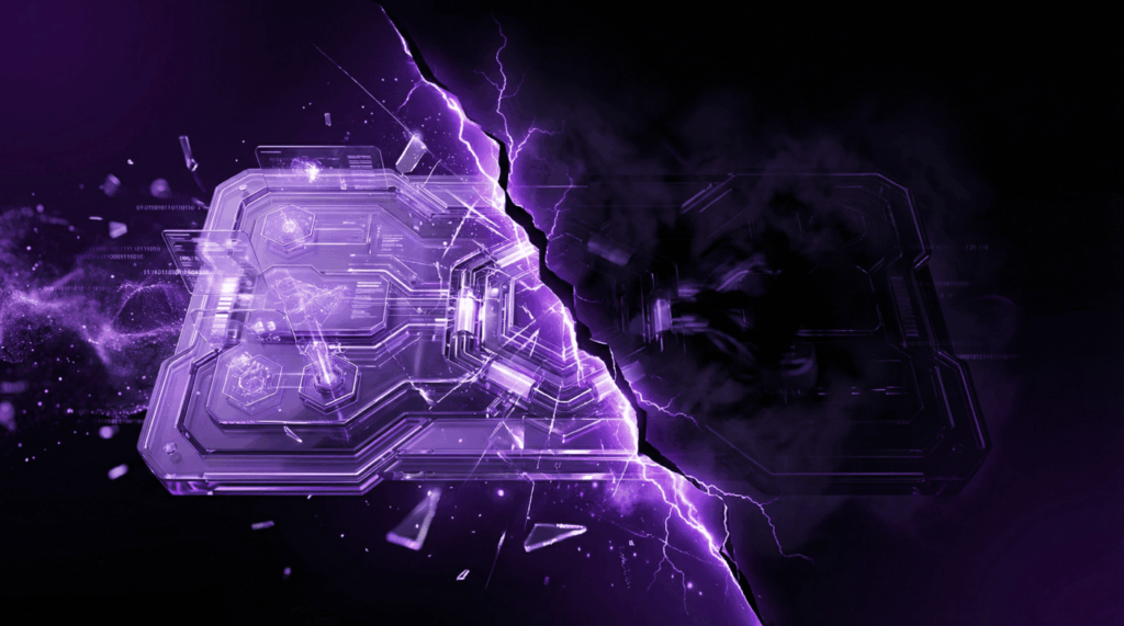 A glowing purple futuristic motherboard split down the center by a lightning crack, with one half shrouded in dark smoke and the other half exposed with digital data fragments.