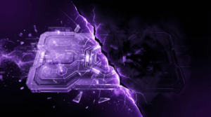 A glowing purple futuristic motherboard split down the center by a lightning crack, with one half shrouded in dark smoke and the other half exposed with digital data fragments.