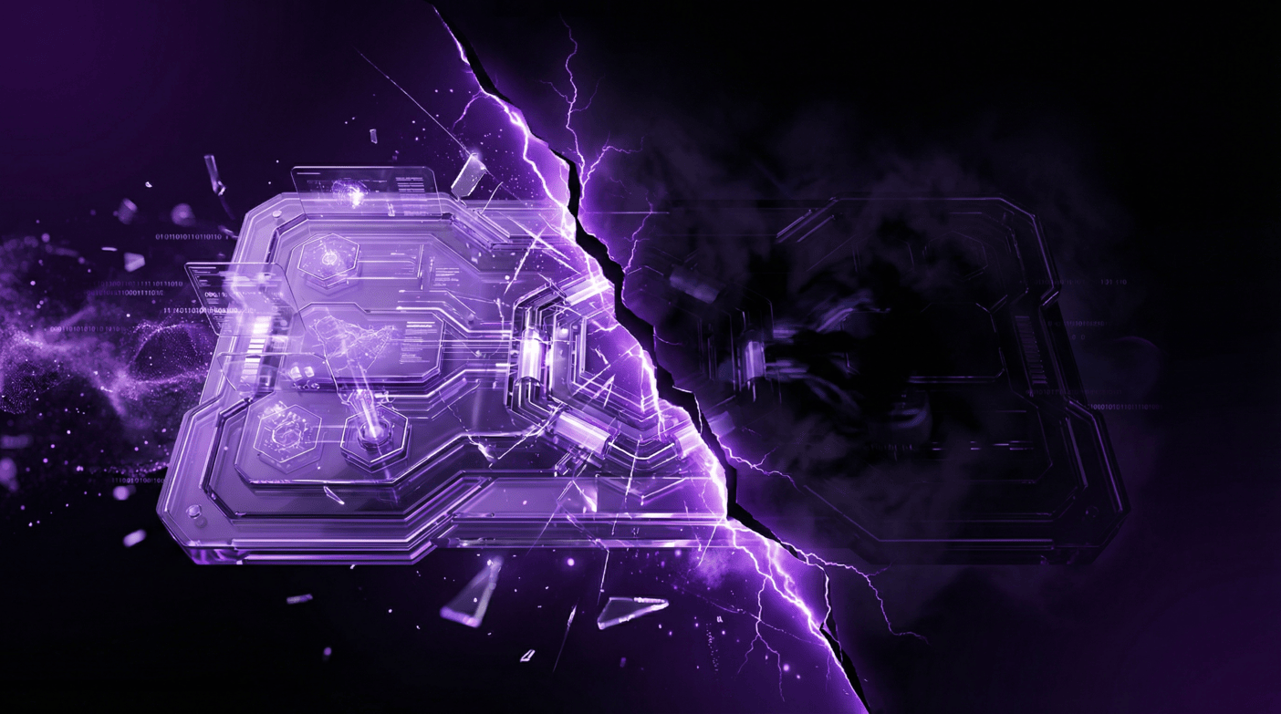 A glowing purple futuristic motherboard split down the center by a lightning crack, with one half shrouded in dark smoke and the other half exposed with digital data fragments.