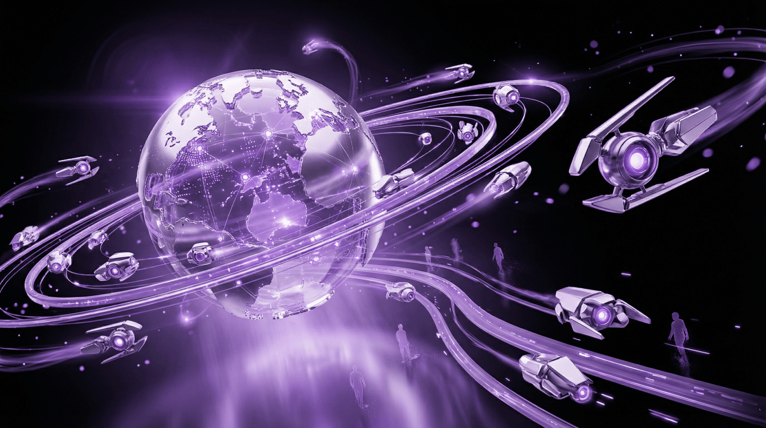 A glowing purple glass Earth globe orbited by dozens of small, high-tech AI drones and data bots following swirling digital light trails on a black background.