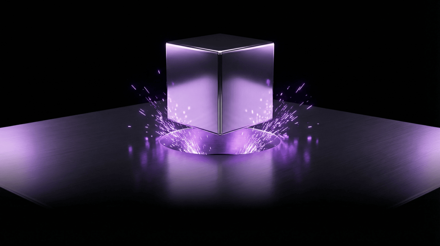 A metallic purple cube being forced into a circular glowing hole on a brushed metal surface with purple sparks.