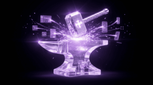 A glowing purple glass anvil with "2026" engraved on it, being struck by a metallic high-tech hammer creating sparks of digital UI icons and code.
