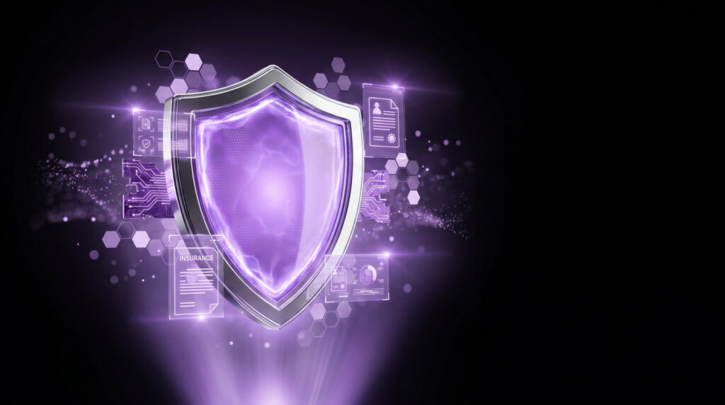 A metallic silver and violet shield with a glowing light core, surrounded by floating insurance documents, policy icons, and hexagonal data patterns on a black background.