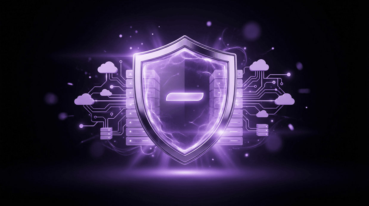 A glowing purple shield with a central em-dash symbol, positioned in front of a data center server rack with cloud circuit connections.