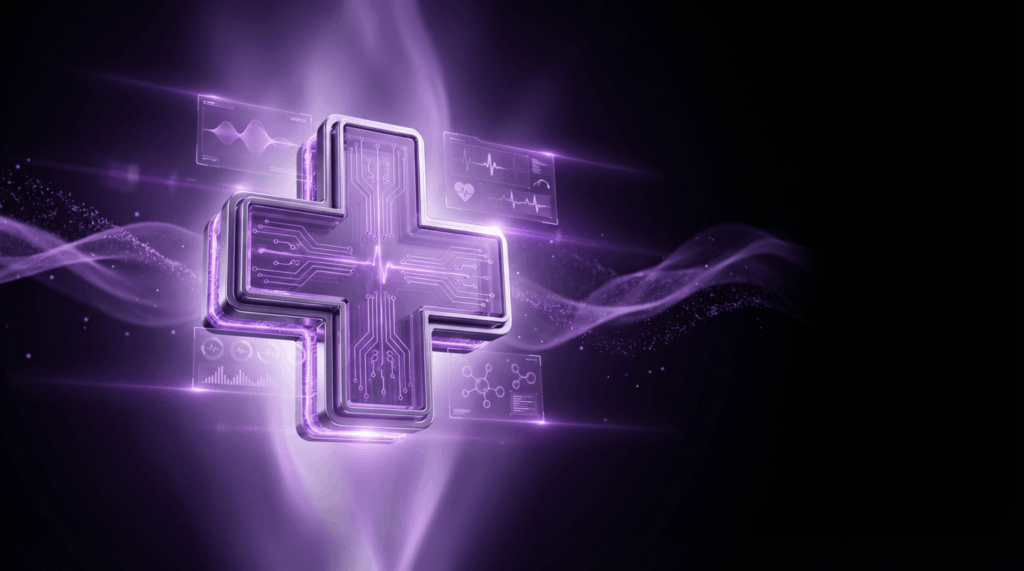 A 3D metallic purple medical cross icon with integrated circuit board traces, floating amidst holographic healthcare data panels and waveform displays.