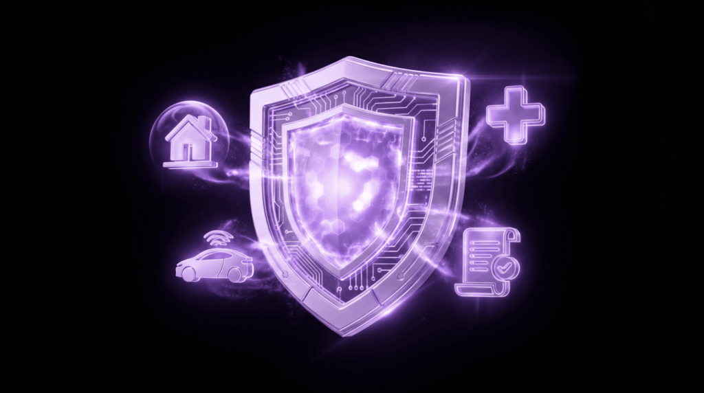 A glowing purple metallic shield with internal circuit patterns, surrounded by floating icons for home, auto, health, and life insurance policies.