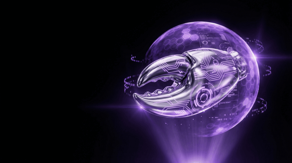 A metallic silver crab claw with internal circuit patterns, encased in a glowing purple protective glass sphere with digital data overlays.