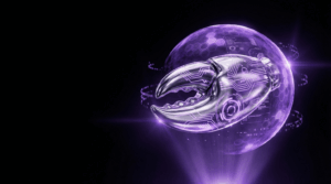 A metallic silver crab claw with internal circuit patterns, encased in a glowing purple protective glass sphere with digital data overlays.