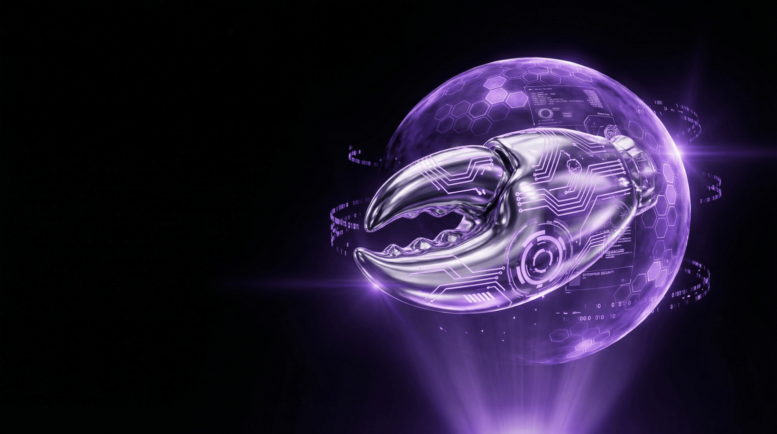 A metallic silver crab claw with internal circuit patterns, encased in a glowing purple protective glass sphere with digital data overlays.