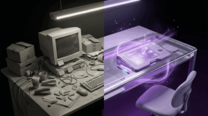 A split-screen image comparing a cluttered, grayscale desk with an old CRT monitor to a clean, modern glass desk with a glowing purple holographic tablet and ergonomic chair.