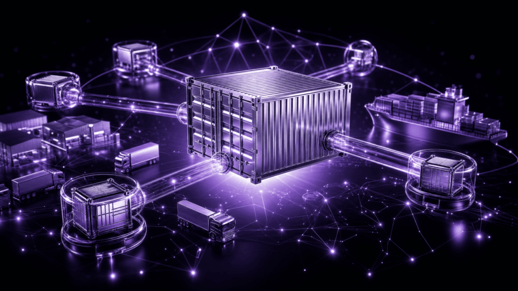 A metallic purple shipping container at the center of a digital web, connected to warehouses, cargo ships, and trucks via glowing light conduits.