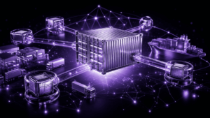 A metallic purple shipping container at the center of a digital web, connected to warehouses, cargo ships, and trucks via glowing light conduits.