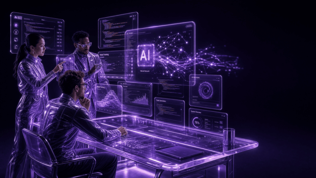 A diverse team of three software developers in futuristic attire working around a glowing glass desk with holographic displays of neural networks, code generation, and AI assistants.