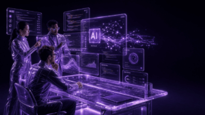 A diverse team of three software developers in futuristic attire working around a glowing glass desk with holographic displays of neural networks, code generation, and AI assistants.