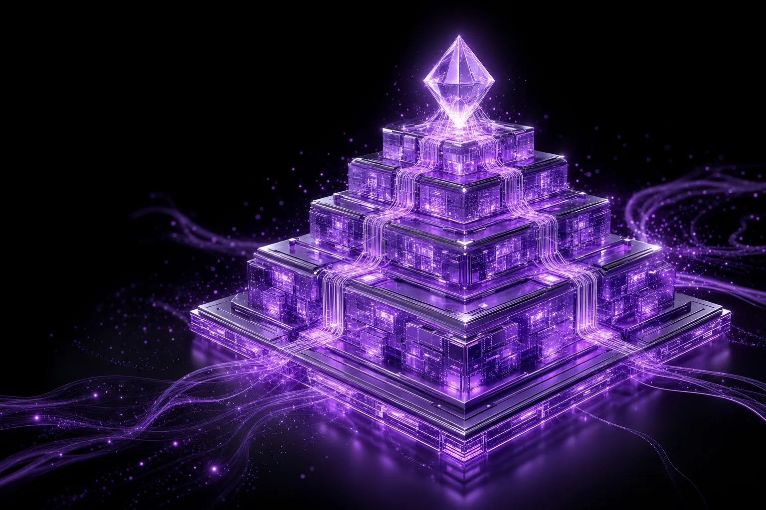 Layered data-block pyramid with circuit pathways converging into a glowing crystal apex in purple