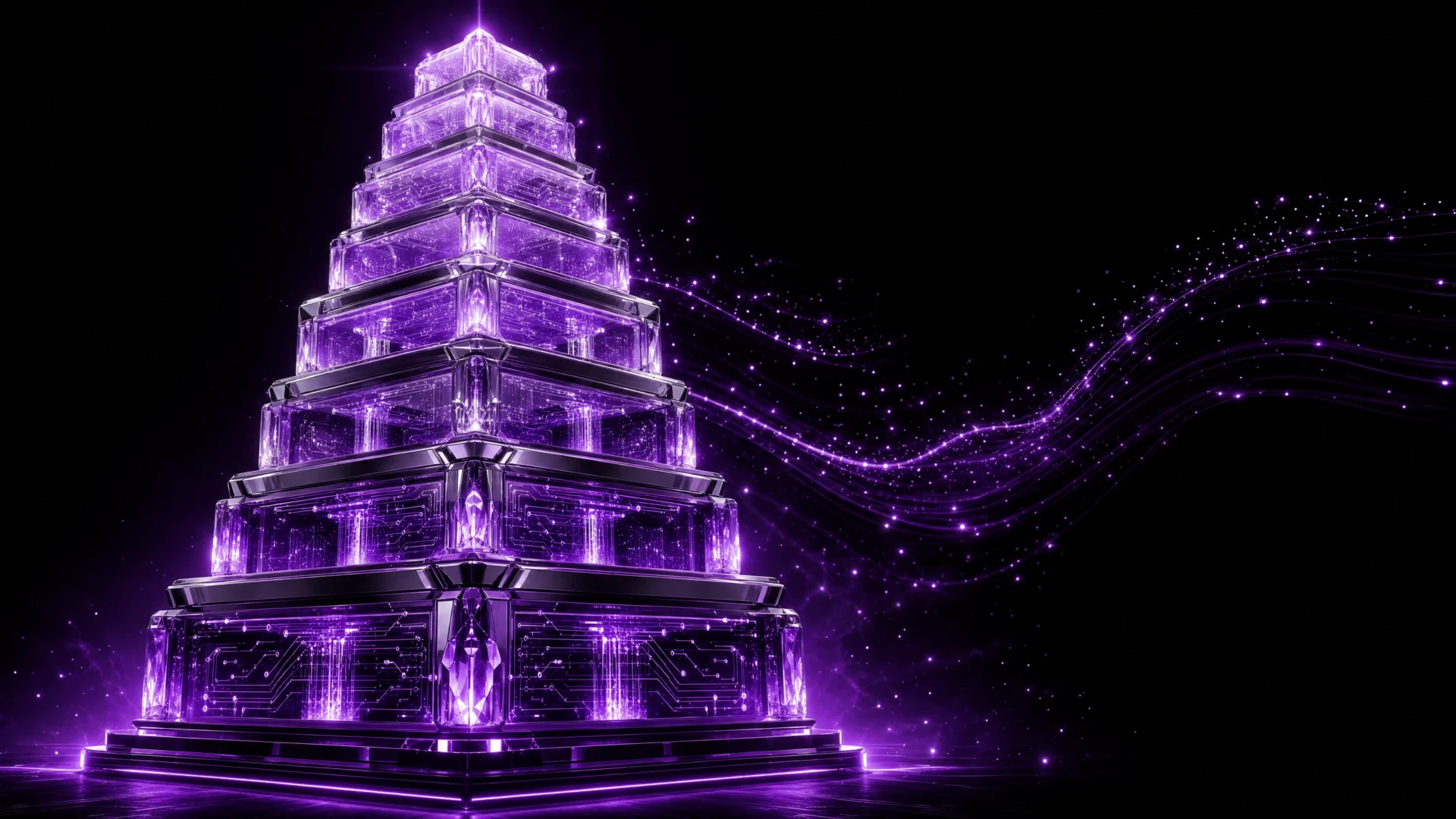 Multi-tiered crystalline enterprise architecture tower with glowing purple circuit traces and cascading data streams representing enterprise software development