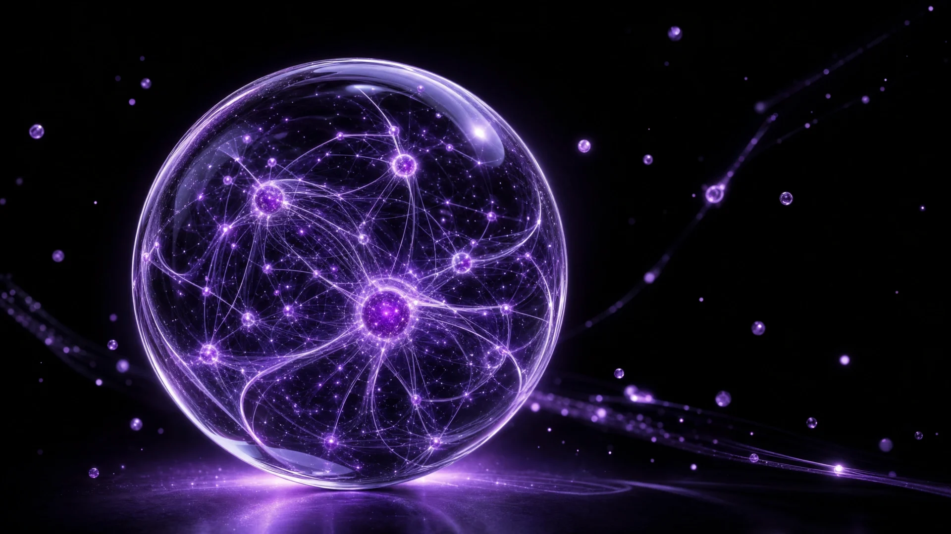 Glowing purple neural network sphere with luminous nodes and data pathways on a black background