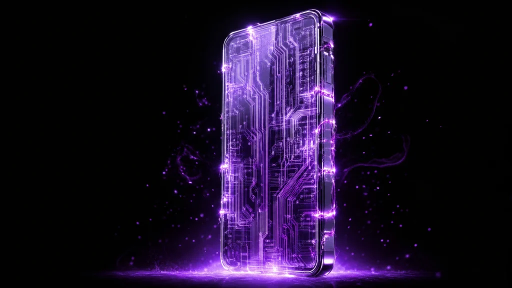 Glowing glass smartphone with purple circuit lines on a black background