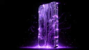 Glowing glass smartphone with purple circuit lines on a black background