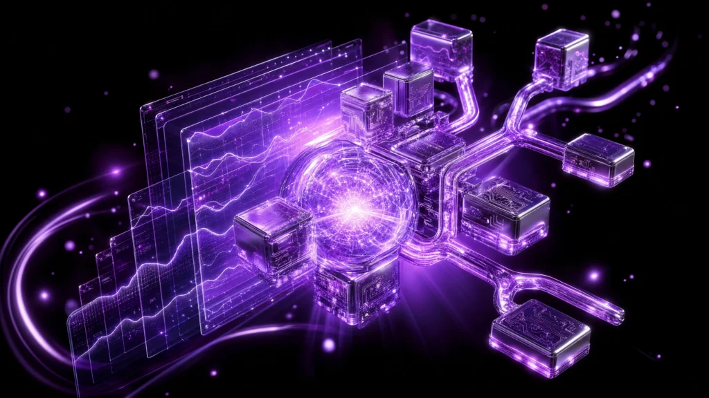Glowing glass forecasting engine with data curves and connected scenario modules