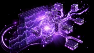 Glowing glass forecasting engine with data curves and connected scenario modules