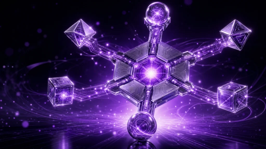 Glowing purple hexagonal hub with six radiating chrome facets linked to orbiting nodes