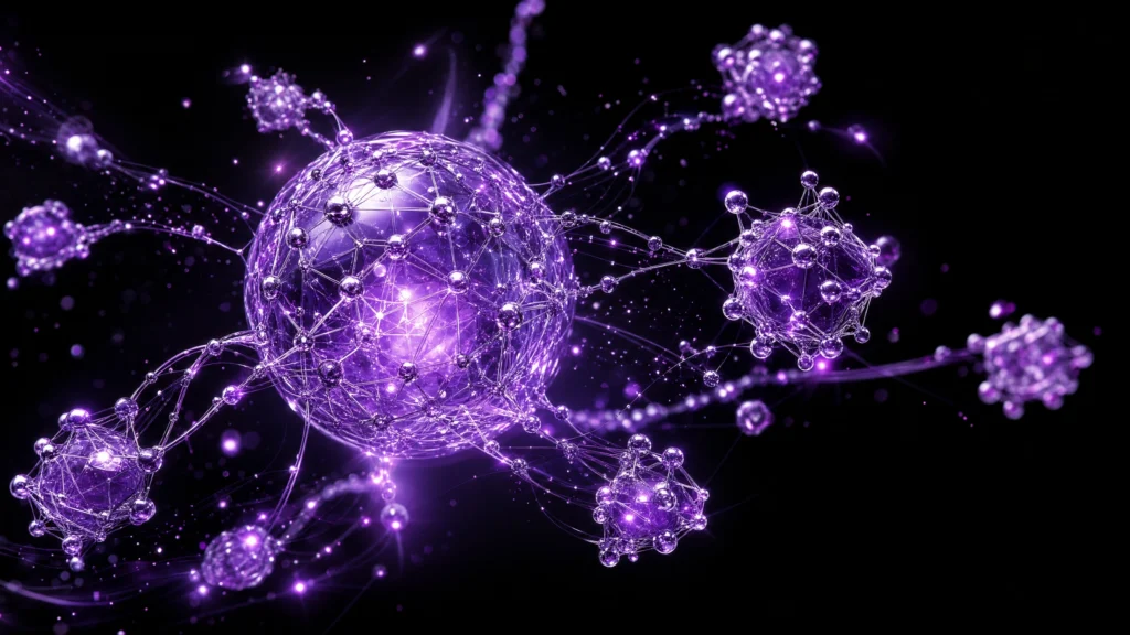 Glowing purple sphere of interconnected neural nodes branching into smaller data clusters
