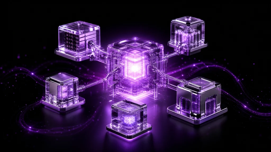 Glowing modular commerce components connected to a stable central technology core