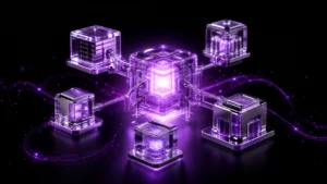 Glowing modular commerce components connected to a stable central technology core